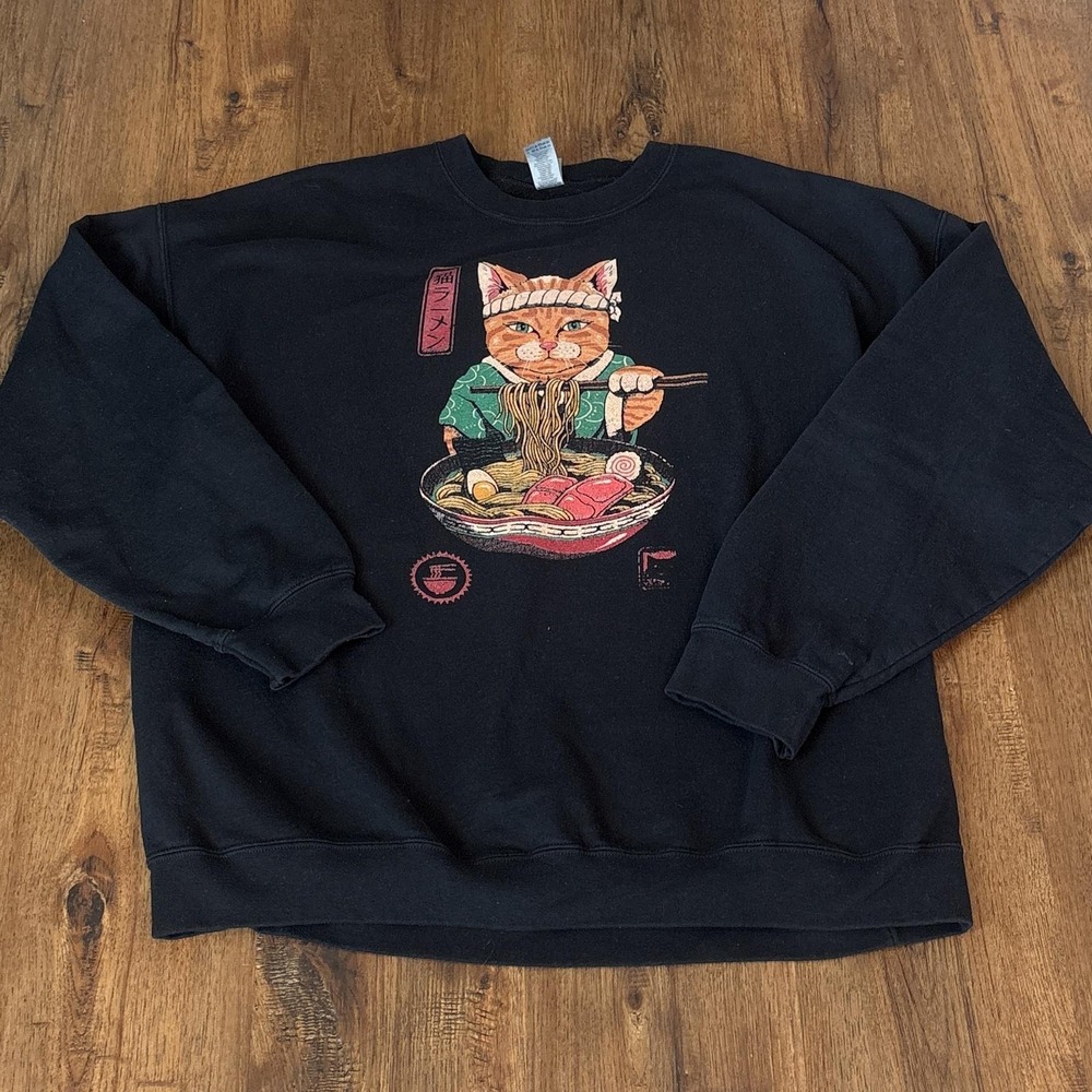 Hot Topic Ramen Cat Samurai Crewneck Sweatshirt Size 2XL Black